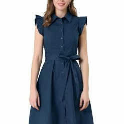 Allegra K Women's Cotton Shirtdress Work Office Ruffled Sleeveless Dress With Belt