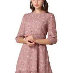 Allegra K Women's Chiffon Half Sleeve Floral Ruffle Hem Dress Clothing