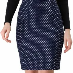 Allegra K Women's Work Office Skirts Stretch Knee Length Dots Printed Skinny Pencil Skirt