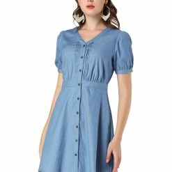 Allegra K Women's Puff Short Sleeve Button Down V Neck Chambray A-Line Dress