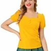 Allegra K Women's Retro Sweetheart Neck Top Ruched Front Button Decor Short Sleeve Blouse