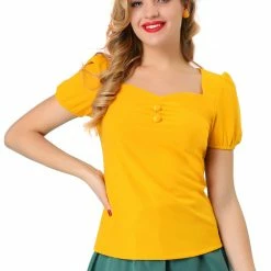 Allegra K Women's Retro Sweetheart Neck Top Ruched Front Button Decor Short Sleeve Blouse