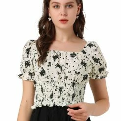 Allegra K Women's Floral Print Square Neck Puff Sleeve Smocked Blouse Top