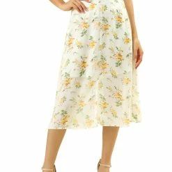 Allegra K Women's Floral Split Front Summer Casual Elastic Waist Back Flowy Midi A-Line Skirt