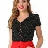 Allegra K Women's Polka Dots Short Sleeve Piped Button Down Office Top