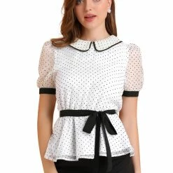 Allegra K Women's Tie Front Doll Collar Contrast Trim Casual Top Shirt
