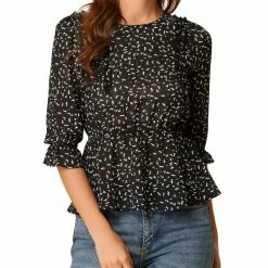 Allegra K Women's Elegant Peplum Tops 3/4 Sleeve Floral Printed Chiffon Blouse