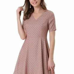 Allegra K Women's V Neck Short Sleeve Fit And Flare Polka Dots Vintage Dress