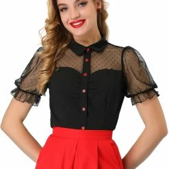 Allegra K Women's Mesh Panel Top Bubble Short Sleeve Point Collar Blouse