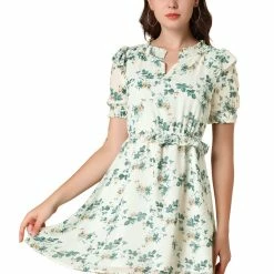 Allegra K Women's Ruffle Smocked V Neck Floral Fit And Flare Short Sleeve Elastic Waist Mini Dress