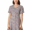Allegra K Women's Casual Short Puff Sleeve Full Placket Ruffle Hem Floral Dress