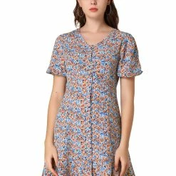 Allegra K Women's Casual Short Puff Sleeve Full Placket Ruffle Hem Floral Dress