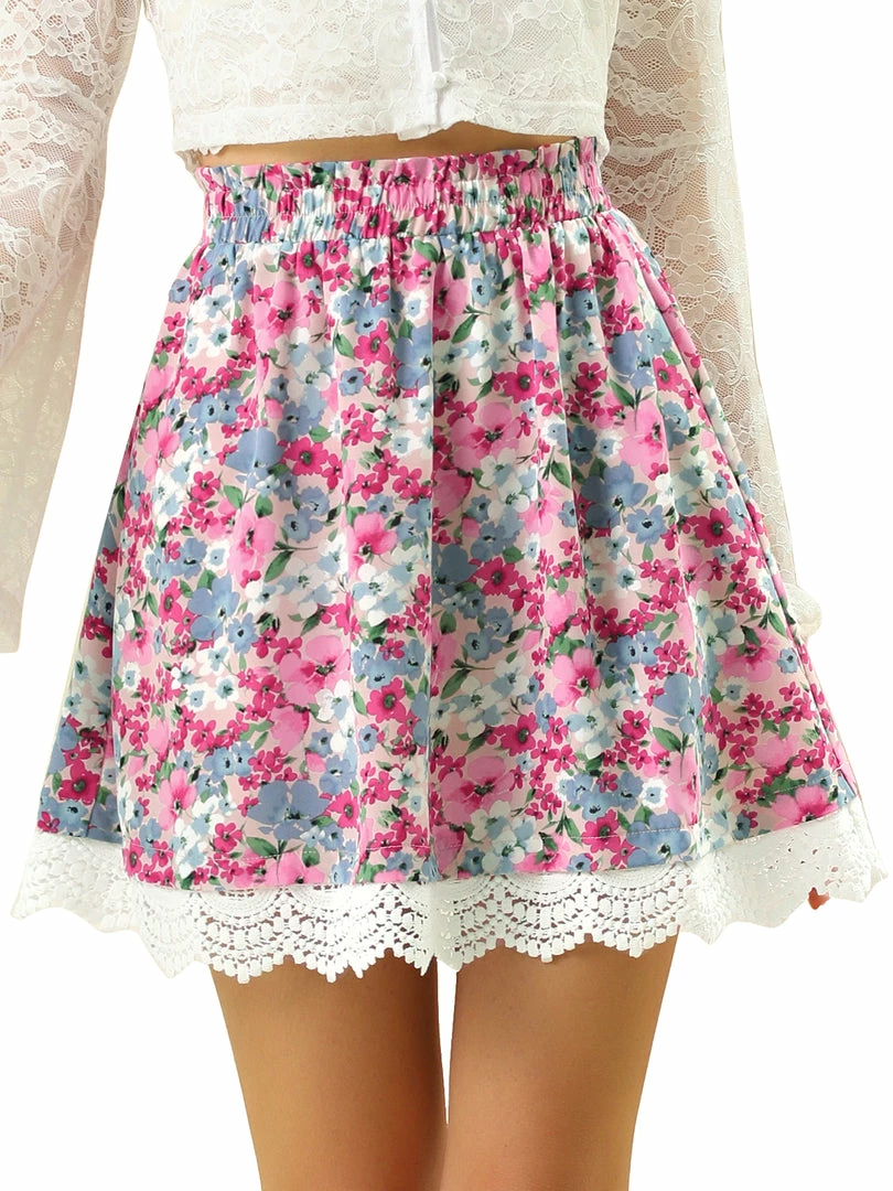 Allegra K Women's Floral Print Skirts Flowy Elastic Waist A-Line Lace Scalloped Hem Mini Skirt 3 Allegra K Women's Floral Print Skirts Flowy Elastic Waist A-Line Lace Scalloped Hem Mini Skirt