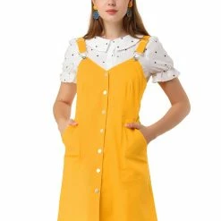 Allegra K Women's Adjustable Strap Above Knee Button Down Overall Dress With Pockets