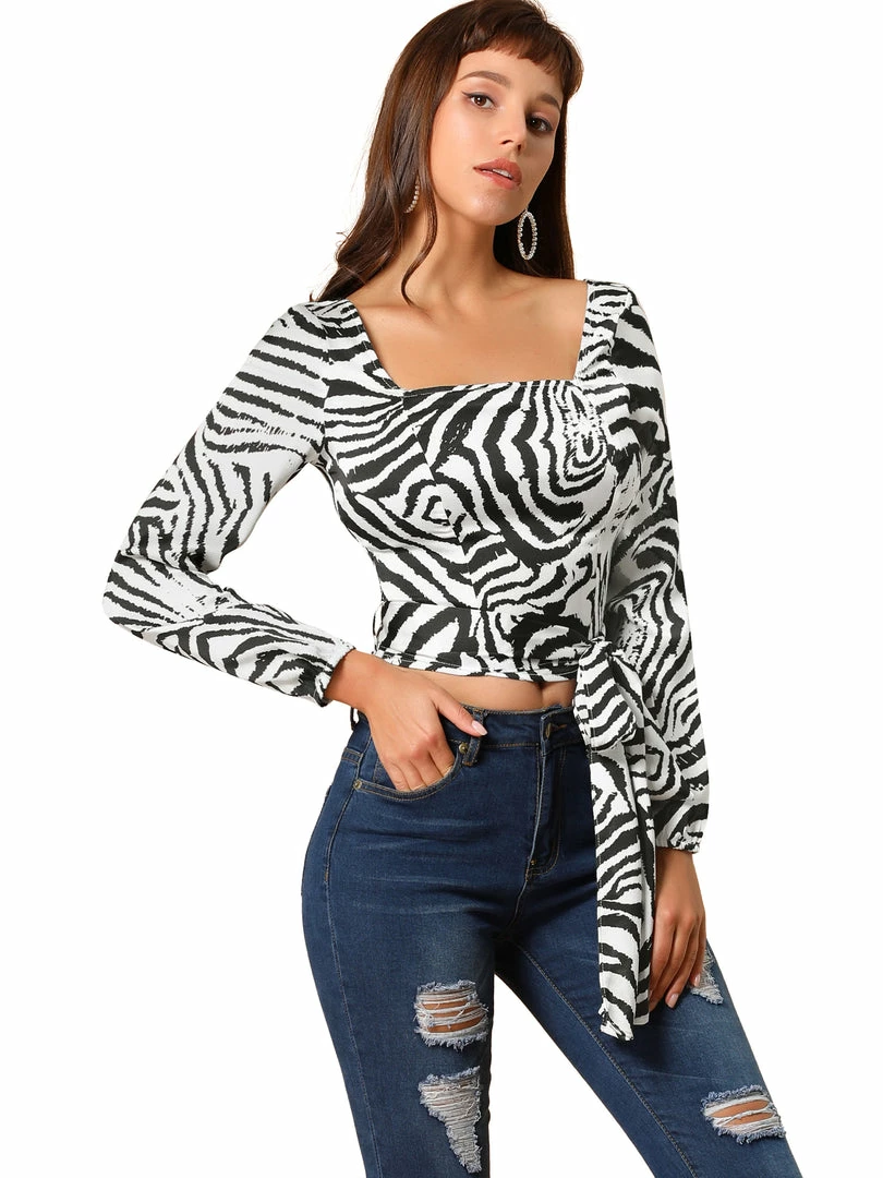 Allegra K Women's Zebra Printed Long Sleeves Square Neck Tie Waist Crop Top 3 Allegra K Women's Zebra Printed Long Sleeves Square Neck Tie Waist Crop Top