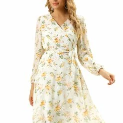 Allegra K Women's Boho Floral V Neck Bishop Long Sleeve Beach Below The Knee Wrap Dress