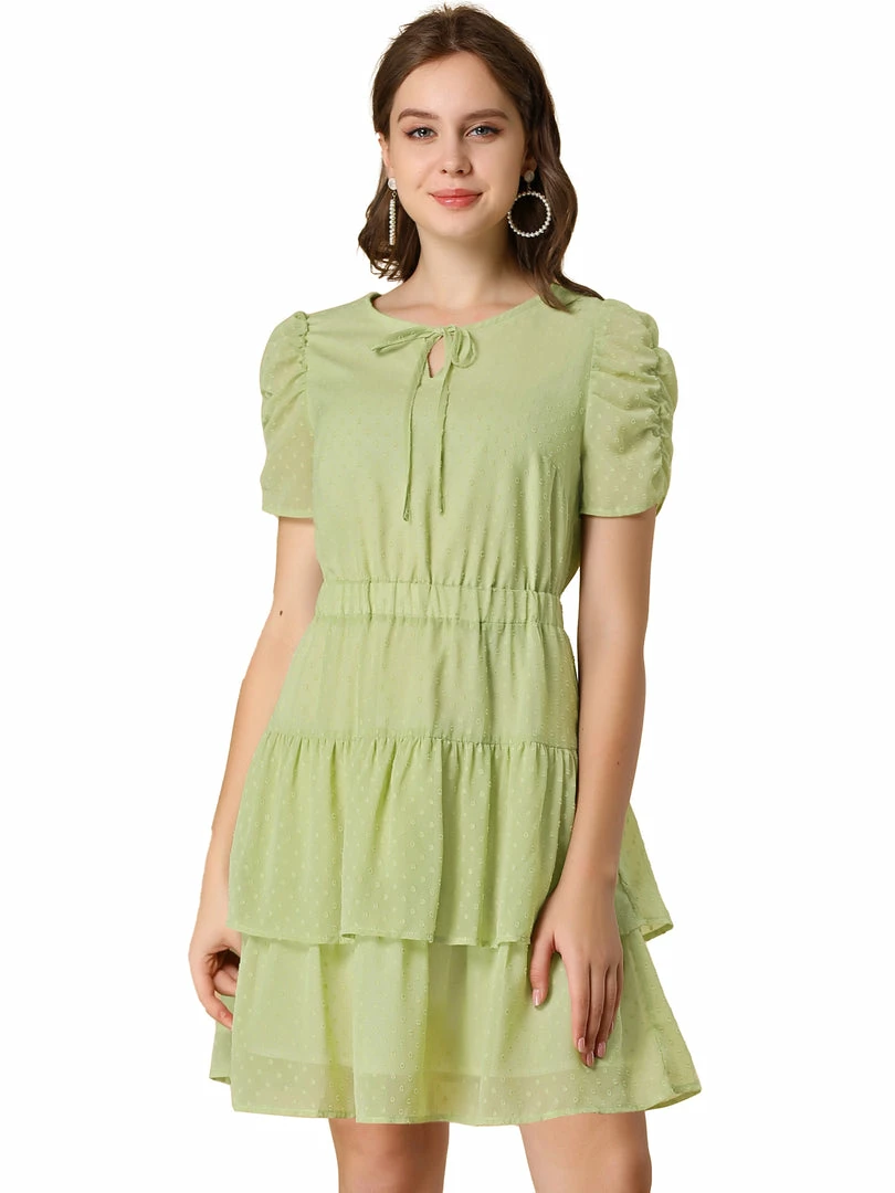 Allegra K Women's Swiss Dots Dresses Ruched Short Sleeve Layer Ruffle Hem Dress 3 Allegra K Women's Swiss Dots Dresses Ruched Short Sleeve Layer Ruffle Hem Dress