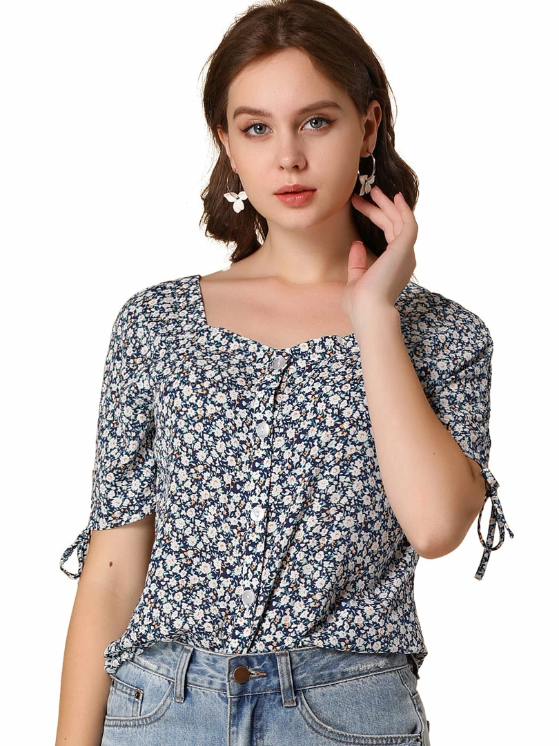 Allegra K Women's Sweetheart Neck Tie Cuff Button Up Dense Floral Blouse 3 Allegra K Women's Sweetheart Neck Tie Cuff Button Up Dense Floral Blouse