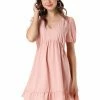Allegra K Women's V Neck Short Sleeve Ruffle Hem Babydoll Dress