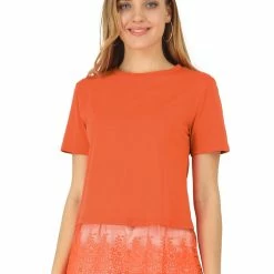 Allegra K Women's Crewneck Tiered Lace Hem Short Sleeve Blouse