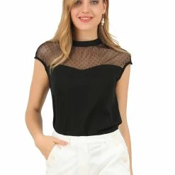 Allegra K Women's Lace Panel Top Round Neck Keyhole Sleeveless Blouse