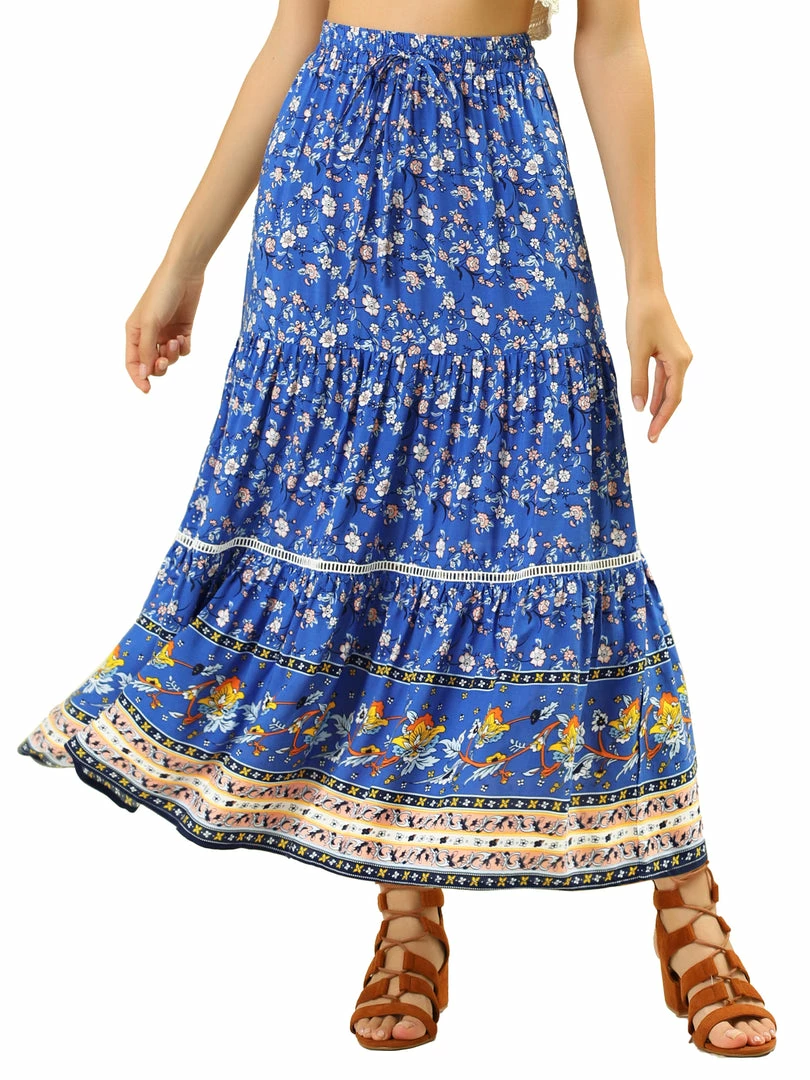 Allegra K Women's Elastic Waist Bohemian Lace Panel Floral Tiered Skirt 3 Allegra K Women's Elastic Waist Bohemian Lace Panel Floral Tiered Skirt