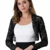 Allegra K Women's Crop Cardigan Scalloped Hem Floral Lace Sheer Shrug Top