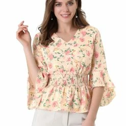Allegra K Women's Chiffon Floral Blouse V-neck Flare Sleeve Spring Smock Waist Top