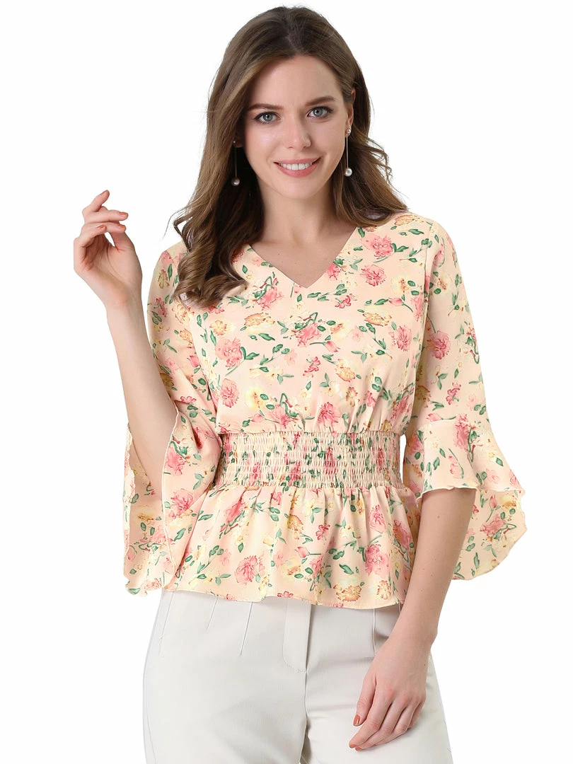 Allegra K Women's Chiffon Floral Blouse V-neck Flare Sleeve Spring Smock Waist Top 3 Allegra K Women's Chiffon Floral Blouse V-neck Flare Sleeve Spring Smock Waist Top