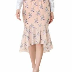 Allegra K Women's Floral High-Low Elastic Waist Ruffle Hem Flowy Midi Chiffon Skirt