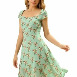 Allegra K Women's Smocked Sweetheart Cap Sleeve Cinched Floral Chiffon Midi Dress