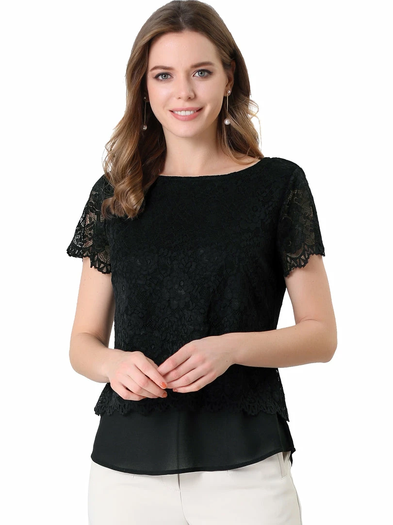 Allegra K Women's Floral Lace See Through Sheer Short Sleeve Hem Layer Top Blouse 3 Allegra K Women's Floral Lace See Through Sheer Short Sleeve Hem Layer Top Blouse
