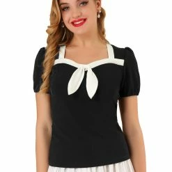 Allegra K Women's Retro Sweetheart Neck Contrast Bow Tie Short Sleeve Blouse