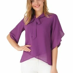 Allegra K Women's Tie Neck Loose Layered Asymmetrical Hem Chiffon Blouse Top