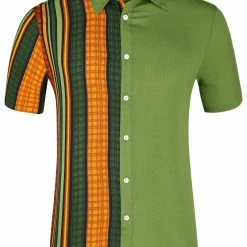 Allegra K Men's Irregular Geometric Color Block Patchwork Button Down Short Sleeve Striped Shirts