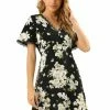 Allegra K Women's Floral Lace Trim Mini A-Line V Neck Dress