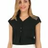 Allegra K Women's Mesh Cap Sleeve Top Blouse V Neck Button Summer Shirt