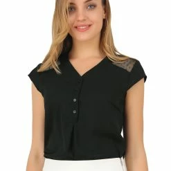 Allegra K Women's Mesh Cap Sleeve Top Blouse V Neck Button Summer Shirt