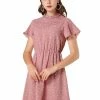 Allegra K Women's Summer Flare Sleeve Pintuck Decor Heart Print Ruffle Dress