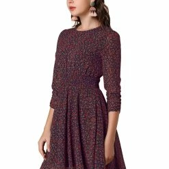 Allegra K Women's Floral Dress Shirred 3/4 Sleeve Asymmetrical Hem Smocked Dresses
