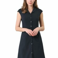 Allegra K Women's Cap Sleeve Shirt Dress Cotton Button Front Tie Waist Business Casual Shirtdress