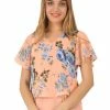 Allegra K Women's Floral Flutter Sleeve Chiffon Layered Top Blouse