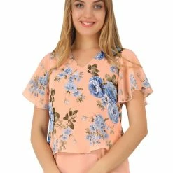 Allegra K Women's Floral Flutter Sleeve Chiffon Layered Top Blouse