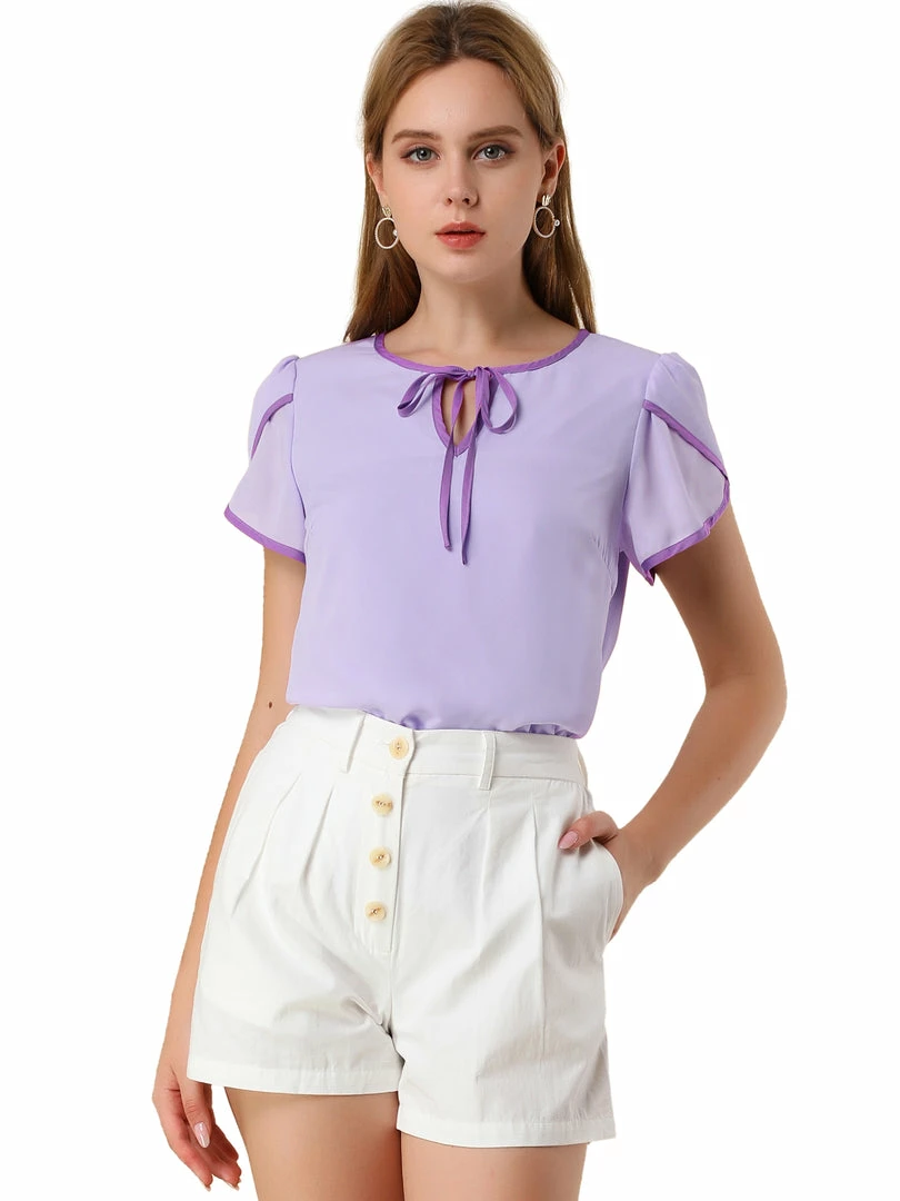 Allegra K Women's Chiffon Blouse Petal Cap Sleeve Self Tie Neck Keyhole Top 3 Allegra K Women's Chiffon Blouse Petal Cap Sleeve Self Tie Neck Keyhole Top