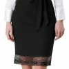 Allegra K Women's Lace Hem Work Office Elastic Waist Back Above Knee Straight Belted Skirt