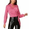 Allegra K Women's Bow Tie Waist Satin Stand Collar Bubble Sleeve Wrap Peplum Top