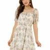 Allegra K Women's Floral Bubble Sleeve Square Neck Dress 1 Allegra K Women's Floral Bubble Sleeve Square Neck Dress