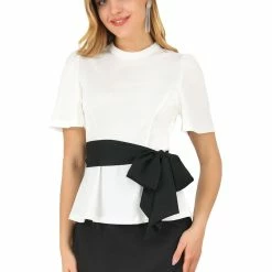 Allegra K Women's Tie Waist Short Sleeve Keyhole Back Round Neck Belted Shirts Top Blouse