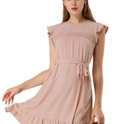 Allegra K Women's Cap Sleeve Tie Belt Ruffle Hem Dress