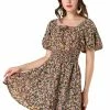 Allegra K Women's Floral Print Square Neck Dresses A-Line Smocked Waist Puff Sleeve Mini Dress